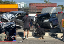 นปพ.นครปฐมเข้าช่วยเหลือเหตุซึ่งหน้ารถพ่วงข้ามเกาะชนดะรถชาวบ้านดับ2เจ็บ2